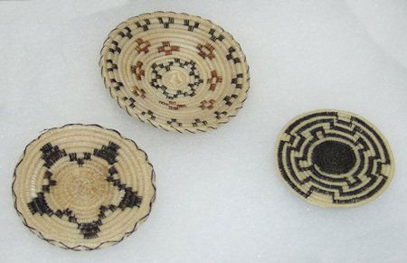 3 Pima Horsehair Baskets: Ca. 1970s-1980s, Collection of three finely woven miniature horsehair baskets, each with traditional designs. All in excellent condition. 1-3/4" to 2-1/4"