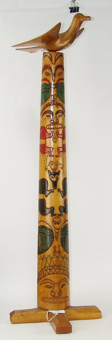 NWC Totem Pole: Early/Mid 1900s, Unique hand carved and painted wooden pole with gloss finish and removable birds on top (possibly Makah). Very good condition. 36-1/2" tall (11" x 11-1/4" base)