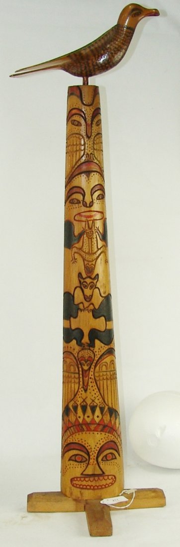 NWC Totem Pole: Early/Mid 1900s, Unique hand carved and painted wooden pole with gloss finish and removable birds on top (possibly Makah). Very good condition. 35-3/4" (10-1/4" x 10-1/4" base)