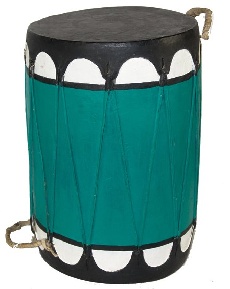 Taos Drum: Mid 1900s, Colorful hand crafted hollowed log drum with stretched rawhide ends and painted sides. Very good, usable condition. 17-1/2" x 13"