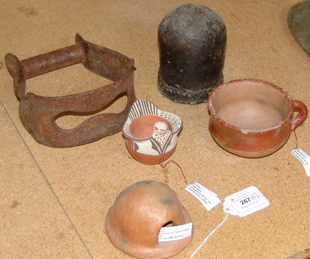 Box Lot of Miscellaneous Items: Various Ages, Includes a San Juan cup, a Zia bird pot, a Taos pottery horno, a Navajo jar, and an old stirrup. Stirrup 6-3/4" x 5-1/2" x 2-3/4"