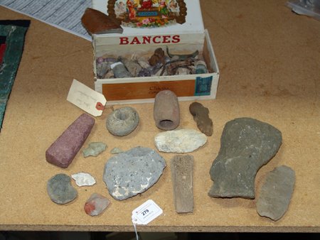 Box Lot of Stone Items: Varous Ages, Collection of stone tools, etc. 7-1/2" x 4-1/4" x 2"