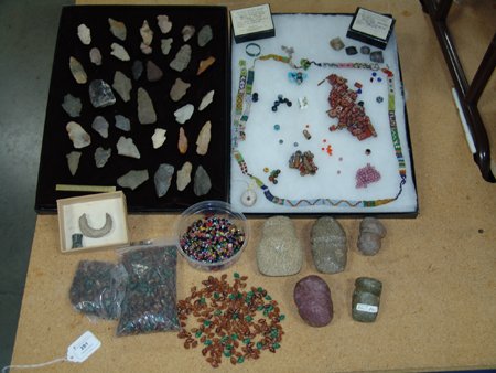 Box Lot of Indian Materials: Various Ages, Large frame of fragmentary points, beads, and some nice stone relics. Stone 4" x 3" x 2"