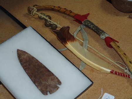 Box Lot of Indian Material: Various Ages, Includes a rib bone bow and a large modern spear point. Bow 21" x 5", point 8"