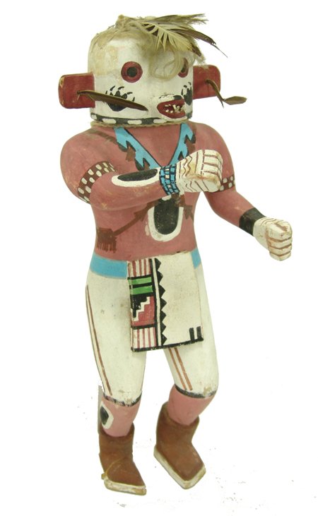Hopi Kachina Carving: Mid 1900s, Classic hand carved and painted cottonwood root kachina doll marked "Wolf." Very good condition, with one repaired foot. 11-1/2" x 5" x 5"