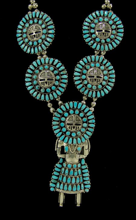 Navajo Necklace - Larry Moses Begay: Ca. 1980s, Beautiful all-silver necklace with large kachina pendant and four matching kachina head medallions. Very good condition, signed "LMB." 32" long, pendant 5'" x 2"