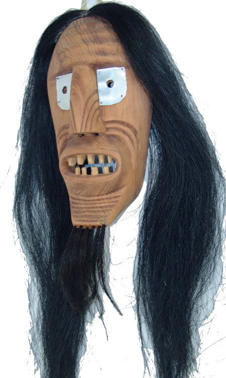 Iroquois Mask: Ca. 1970s-1980s, Traditional hand carved and painted false face ogre mask with peg teeth and horsehair. Very good condition. 12" x 6-1/2" x 4" + hair