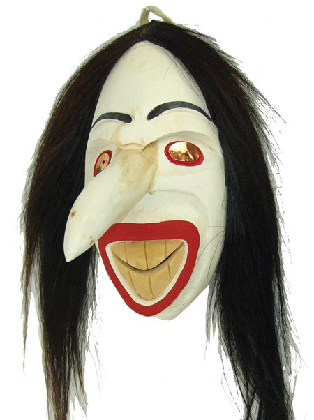 Iroquois Mask: Ca. 1970s-1980s, Traditional hand carved and painted wooden "Long Nose" false face mask with horsehair. Very good condition. 13-5/8" x 6-3/4" x 9" + hair
