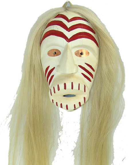 Iroquois Mask: Ca. 1970s-1980s, Traditional hand carved and painted false face "Ghost" mask with typical protruding features. Very good condition. 11-1/2" x 6-3/4" x 4" + hair