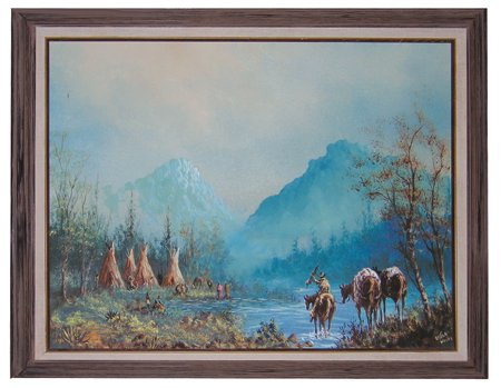 Lester Hughes (b. 1940): Late 1900s, Signed and framed art on canvas depicting a cowboy on a horse leading his mules through a river basin. Good condition. 20" x 16" (23" x 19" Framed)