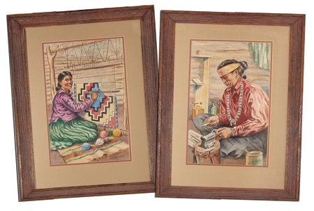 Eugene Henry Bischoff (1880-1954): Ca. 1950s, Pair of similar signed original portraits of Navajo Indians - a weaver and a silversmith - both done with pastel crayon. Very good condition. 20" x 12-1/2" (30-1/2" x 21-1/2" fr)