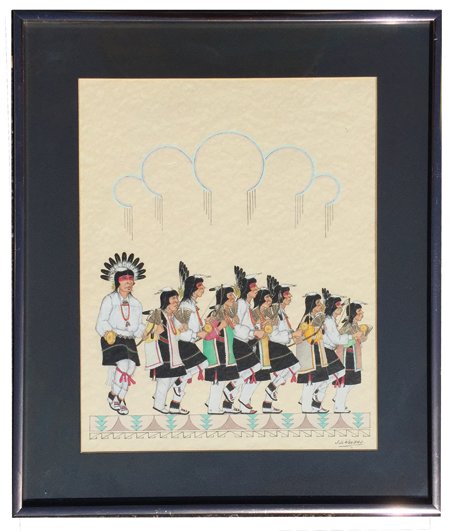 J.D. Roybal, San Ildefonso (1922-1978): Ca. 1980s, Great San Ildefonso watercolor of ten corn dancers, matted and framed. Good condition. 13" x 10-1/2" (18" x 14-1/2" framed)