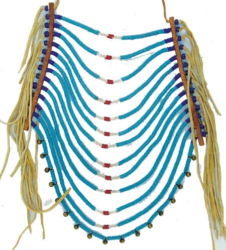 Nez Perce Loop Necklace: Ca. 1940s, Classic design front piece consisting of 13 bead-wrapped graduated bands, leather spacers, and fringed ends. Very good condition. Approx. 12-1/2" x 15-1/2"