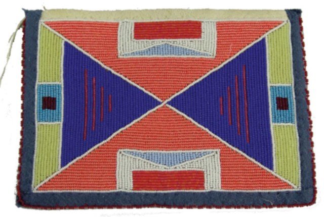 Crow Beaded Purse: Late 1900s, Colorful rectangular zip purse, the buckskin front fully beaded in a traditional crow pattern. Excellent condition. 6-1/4" x 8-3/4"