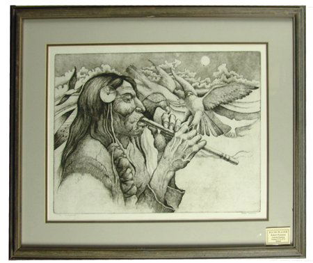 Robert Freeman, Luiseño/Sioux (b. 1939): Ca. 1979, Large limited edition (#17/79) etching - "Flute Player." Very good condition. 18" x 29" (26" x 32" framed)