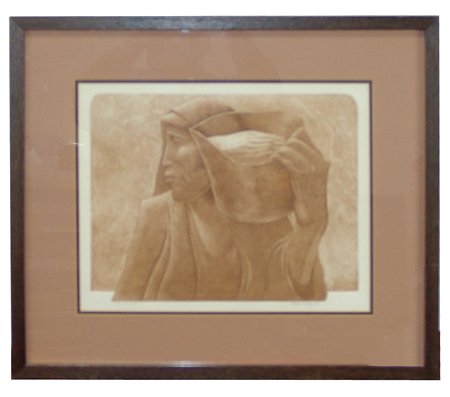 Robert Freeman, Luiseño/Sioux (b. 1939): Ca. 1970s, Fine limited edition (#6/81) browntone etching - "Simona." Very good condition. 11-3/4" x 14-3/4" (19" x 22" framed)