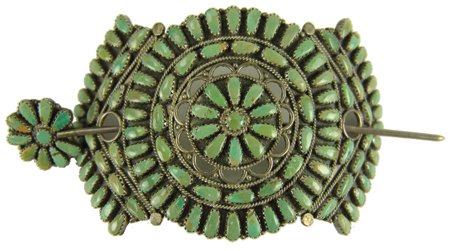 Navajo Hair Holder - Loren M. Begay: Ca. 1980s, Outstanding cluster design all-silver hair holder done in matching green turquoise stones. Very good condition, includes the holding stick. 2-1/2" x 4", stick 5-1/8"
