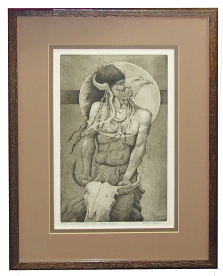 Robert Freeman, Luiseño/Sioux (b. 1939): Ca. 1970s, Fine limited edition (#10/84) etching - "Sun Spirit" - labeled "For Herb & Peggy Puffer." Very good condition. 14-3/4" x 9" (22" x 16-1/4" framed)
