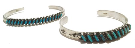 Zuni Bracelets: Ca. 1960s, Beautiful set of Zuni bracelets with needlepoint stones, one with stamp work and signed "ALP." Great condition. 5-1/8" + 1-3/4" x 1/4"