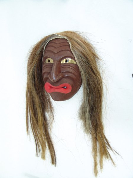 Iroquois Mask: Ca. 1970s-1980s, Traditional hand carved and painted false face mask with protruding features and horsehair. Very good condition. 10" x 6-3/4" x 4-1/4" + hair