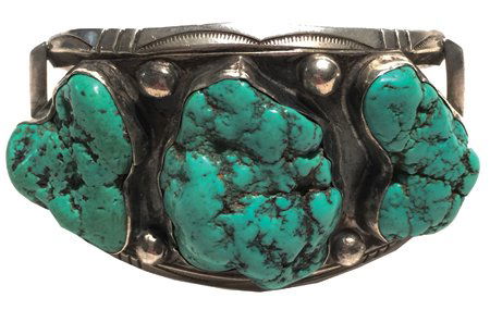 Navajo Bracelet: Late 1900s, Outstanding double-band sterling silver bracelet set with three natural spiderweb Nevada turquoise stones, with dot and stamp work. Great condition. 5-1/2" + 1-3/4" x 1-3/4"