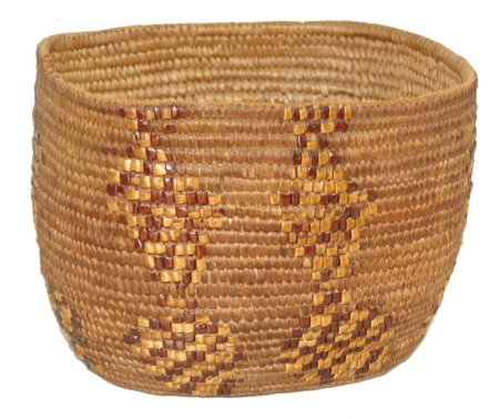 Salish Basket: Early 1900s, Traditional oval-shaped Thompson River hard basket with most of the original imbricated design still intact. Very good condition, with 1" of rim stitches missing. 8" x 11" x 9"