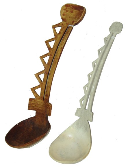 2 Yurok Spoons - George Blake: Ca. 1980d, Pair of finely carved elk antler and bone spoons/ladles. Very good condition. 7-1/2" & 8-1/2"