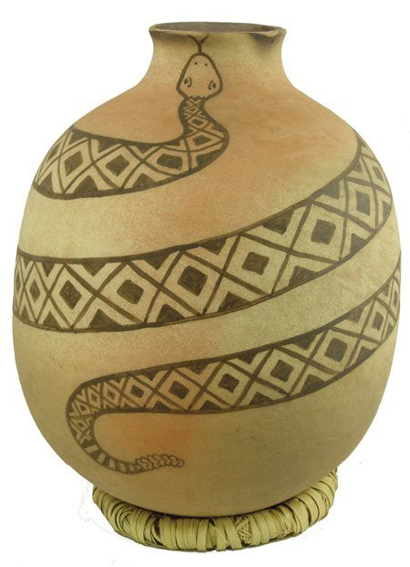 Huge Mojave Style Pottery Jar - Tony Soares: Ca. 1991, Extra large elongated water jar with large encircling rattlesnake figure. Very good condition. 20" x 17"