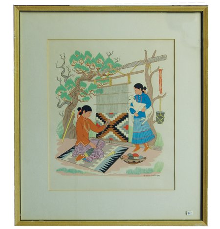 Harrison Begay, Navajo (1914-2012): Ca. 1960s, Beautiful vintage silkscreen showing a Navajo girl holding a lamb and watching her mother weave. 12" x 10" (17-1/2" x 15-1/4" framed)