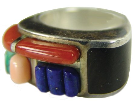 Zuni Inlay Ring - PYS: Late 1900s, Beautiful all-silver ring with carved raised inlay turquoise, coral, lapis, and ironwood stones. Very good condition. Size 7