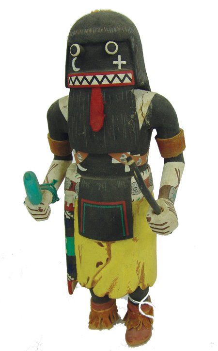 Hopi Kachina Carving - Clarence Tewa: Mid 1900s, Traditional hand carved and painted Mudhead doll with drum. Good condition, missing beater. 10-1/2"