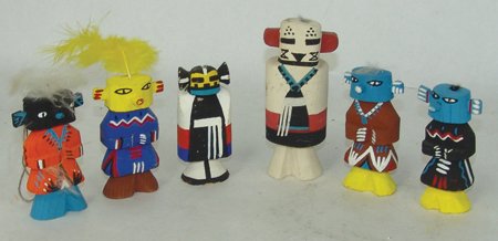 Kachina Doll Collection: Ca. 1960s-1980s, Collection of six small hand carved and painted "Route 66" kachina dolls, all still with good colors. Very good condition. Largest 4-1/4"