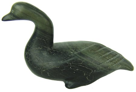 Eskimo Soapstone Carving: Ca. 1961, Hand carved dark green soapstone duck marked "Canadian Eskimo made." 4" x 6-1/2" x 2-3/4"