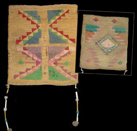 Nez Perce Cornhusk Bag: Early 1900s, Small old woven two-sided cornhusk bag with geometric designs done with colored woolens. Fair condition. 9-1/4" x 8-1/4"