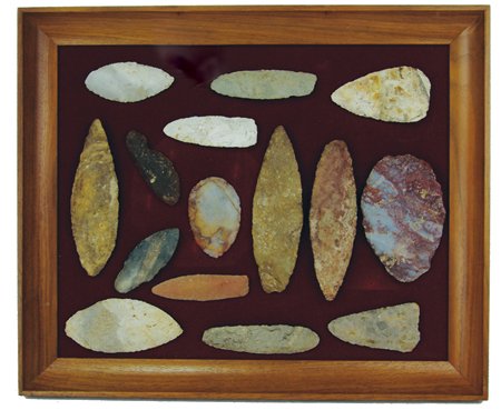 Framed Artifact Display: 20th Century, Collection of fifteen large knapped stone tools and blades, all in very good condition. Some modern. (16-3/4" x 14" framed)
