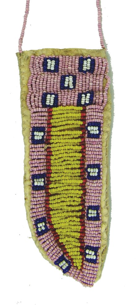 Cheyenne Beaded Sheath: Mid 1900s, Small sinew sewn and lazy stitch beaded child's knife case in very good condition. 5-1/4" x 2"