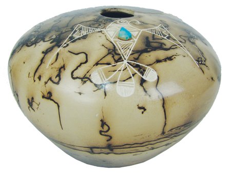 Acoma Pottery Jar - Gary Yellowcorn: Ca. 2000, Beautiful horsehair fired seed pot with etched eagle figure and single turquoise stone. 5-1/4" x 7-1/2"