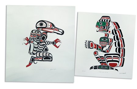 2 Kwakiutl Silkscreens - Henry & Richard Hunt: Ca. 1980s, Pair of beautiful NW Coast screen prints by master carver Henry Hunt and his son Richard. Henry's is in good frameable condition; Richard's is in fair condition (had been folded at some poi