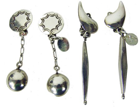 Navajo Earrings - Joe H. Quintana: Ca. 1980s, Two pairs of all-silver original design clip-on earrings by master smith, Joe Quintana. Ex. Irma Bailey Collection. With COAs. 3" & 2-1/2"*Althought Joe Quintana made his jewelry in the Nav