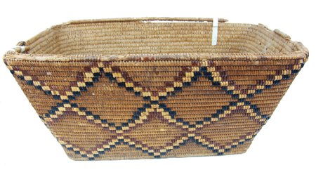 Salish Basket: Ca. 1900, Large flared hard-sided rectangular Thompson River storage basket with imbricated geometric design. Body is in very good condition, but rim has some damage. 10-1/4" x 21-1/2" x 12-1/2"
