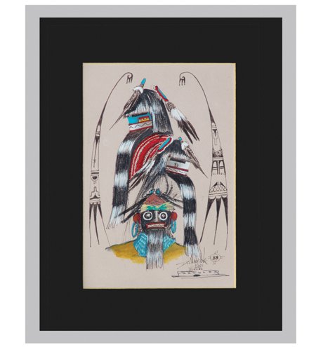 Daniel Namoki, Hopi (Late 20th Century): Ca. 1988, Signed original pen and watercolor showing several bearded kachina heads. A small fine example, signed "D. Namoki Hopi '88." Very good condition. 6-1/2" x 4-1/2" (10-1/4" x 8-1/4" frame)