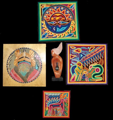 Box Lot of Miscellaneous Indian Material: Late 1900s, Includes original stone carving by Wikviya (Steve LaRance), mirrored kachina panel by Buddy Tubingetewa, and three Huichol yarn art pieces. All in good condition. Mirror 12" x 12", sculptu