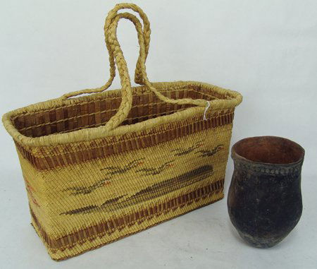Box Lot of Miscellaneous Indian Material: Various Ages, Includes an old pot with fillet rim plus a large Nuu-Chah-Nulth (Nootka/Makah) carrying basket with plaited cedar bark base in very good condition with original handles. Basket 9" x 16"