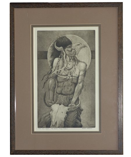 Robert Freeman, Luiseño/Sioux (b. 1939): Ca. 1970s, Fine limited edition (#10/84) etching - "Sun Spirit" - signed "For Herb & Peggy Puffer." Very good condition. 14-3/4" x 9" (22" x 16-1/4" framed)