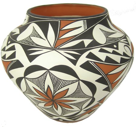 Acoma Pottery Jar - Louise Amos: Late 1900s, Beautiful greenware pottery olla with heartline deer figures. Very good condition. 8-1/2" x 9"