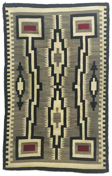 Navajo Rug/Weaving: Ca. 1950s, Outstanding tightly woven storm pattern rug done in black, white, and red on a grey ground with black and white railroad track border. Very good condition. 5' 9" x 3' 6"