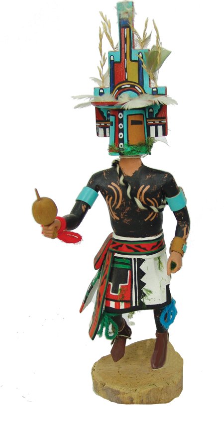Hopi Kachina Carving - Joe Duwyeane: Ca. 1980s, Traditional hand carved and painted cottonwood root "Hemis" kachina, the dancer that brings the first corn of the season in the Home Dance. Good condition, minor repairs. From a private Alb