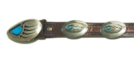 Hopi Concho Belt - Robert Lomadapki Joshweseoma: Ca. 1980s, Fabulous silver shadow box bear claw conchos with turquoise stones on leather. Hallmarked "Lomadapki Joshweseoma." Good condition. 37-1/2" long
