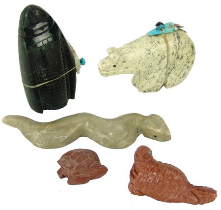 5 Zuni Fetishes: Ca. 1980s-1990s, Collection of five traditional hand carved pieces including a jet(?) corn woman, a soapstone bear, a snake, a catlinite turtle, and a beaver. All in very good condition. 3-1/4" talles