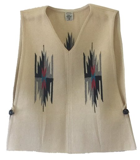 Ortega Vest: Ca. 1940s, Traditional 100% wool hand woven large pull-over style Chimayo cream vest with colorful chevrons and leather side buttons. 25" x 20"